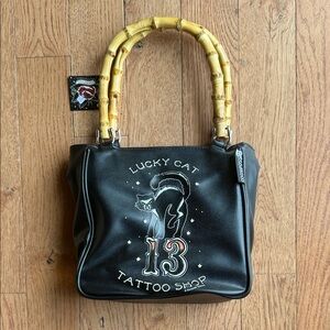 Sourpuss Black Lucky Cat Tattoo Shop Handbag with Bamboo Handles